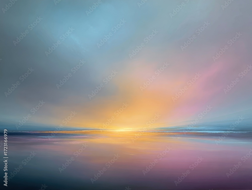 Obraz premium Serene Horizon: A breathtaking display of colors paints the sky as the sun dips below the horizon, creating a peaceful and awe-inspiring scene over the calm ocean.