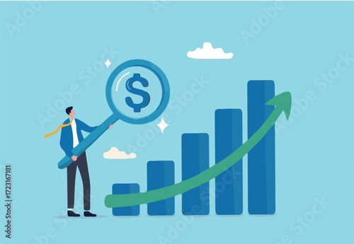 Revenue or salary increase, growth investment profit or earning from stock market, money or wages growing concept, businessman with magnifying glass on dollar money sign with growth graph and chart.