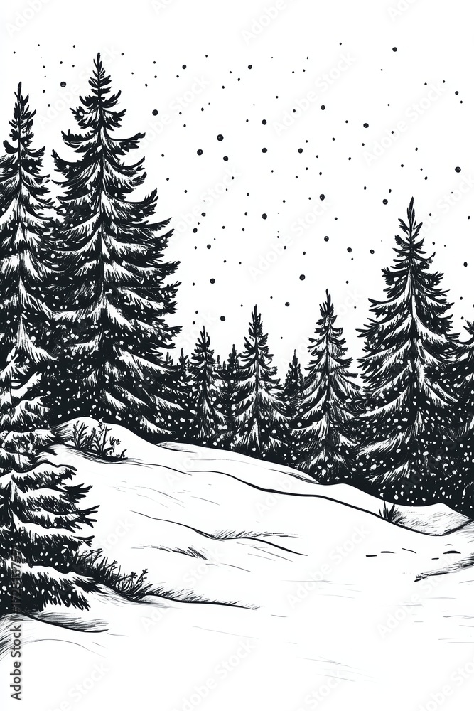 Fototapeta premium A detailed black and white illustration of a snowy forest scene with elegantly drawn pine trees and falling snowflakes, evoking a tranquil winter atmosphere.