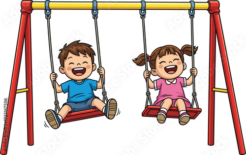 A fun cartoon image of a happy boy and girl swinging on a swing set, capturing the joy of childhood and outdoor playtime, for family themes