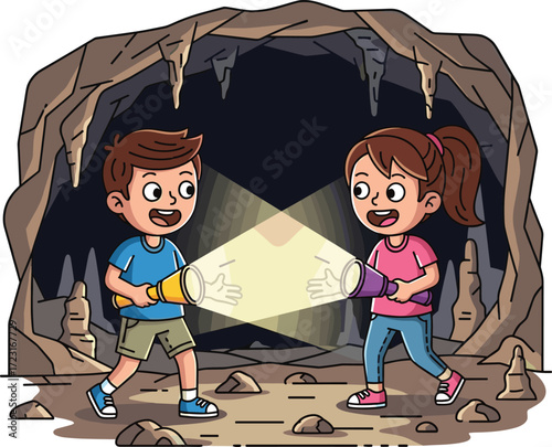 A cartoon illustration of two happy children exploring a dark cave with flashlights, a fun image of adventure, discovery, and curiosity, for kids' themes