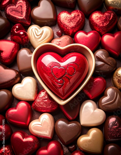 A heart-shaped chocolate nestled amidst a variety of heart-shaped chocolates