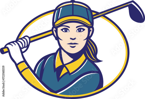 Female Golfer Realistic Illustration. Professional Woman Golf Player Artwork. Athletic Female Golfer Swing Pose. Stylish Woman Golfer Sports Design. Beautiful Lady Golf Player in Action Illustration