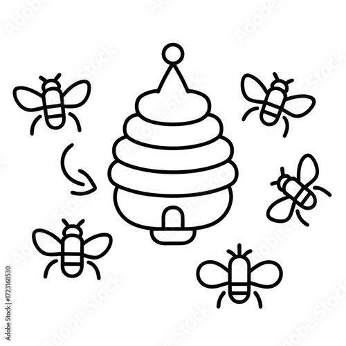 Bees flying around a traditional honey bee hive 