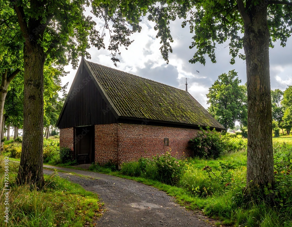 Obraz premium Rustic barn nestled in a leafy lane