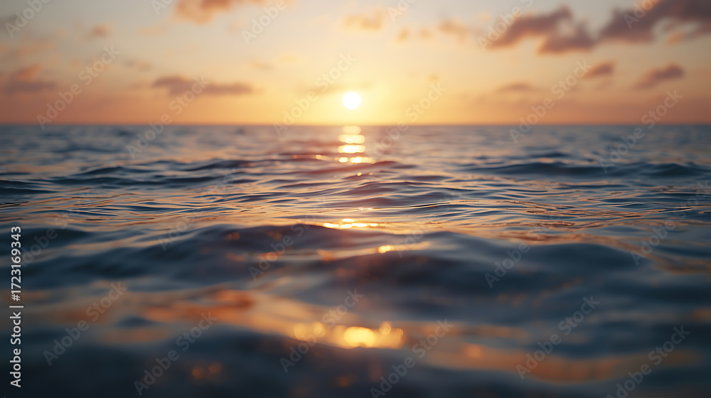 Fototapeta premium A cinematic, ultra-realistic seascape of the ocean at sunset with golden light reflecting on gentle waves. Warm colors, natural light, and tranquil motion create a peaceful and emotional atmosphere.
