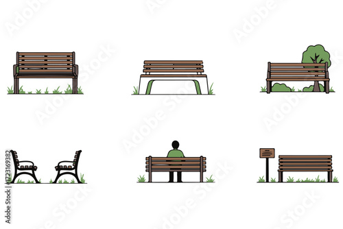 Collection of park benches in various styles and settings, including single seats and pairs