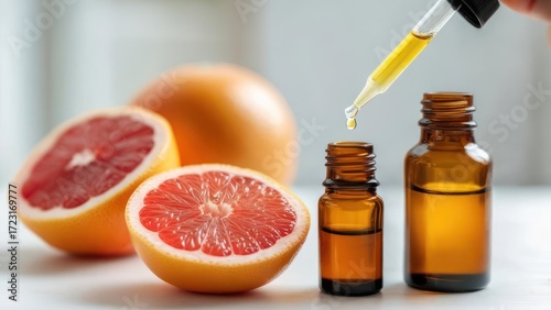 Fresh grapefruit essence being extracted into amber glass bottles using a dropper for aromatherapy and natural skincare creation