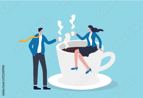 Coffee break, business discussion while having coffee or brainstorming after meeting break concept, businessman and businesswoman colleague take a break having coffee and have a chat.