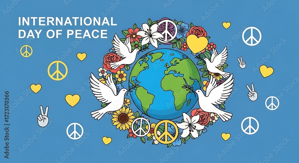 Naklejka premium Global solidarity and harmony portrayed with Earth, doves, and peace symbols in a vibrant floral illustration