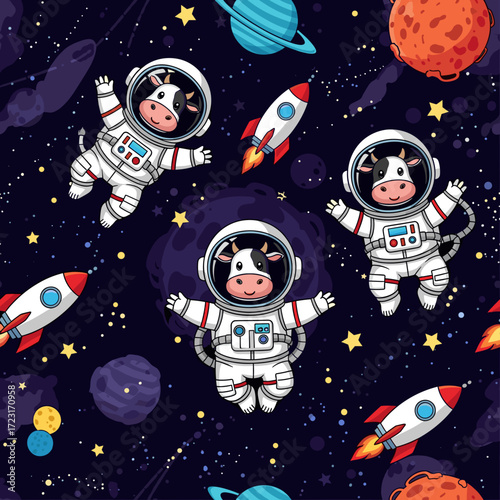 Adorable astronaut cows rockets and planets in a fun whimsical space pattern for kids