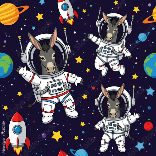 Cartoon donkeys in astronaut suits exploring outer space with planets stars and rockets