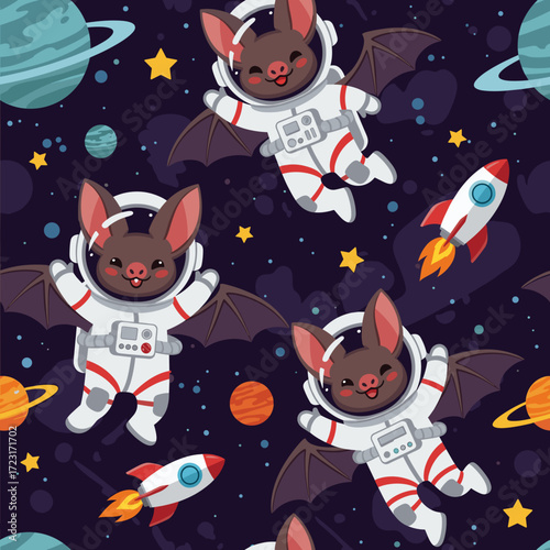 Cute astronaut bats fly happily in space with planets and rockets Fun childrens pattern