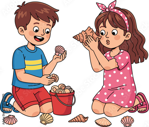 Happy kids listening to seashells and collecting them in a bucket, showcasing joyful childhood, summer fun, and a creative activity together