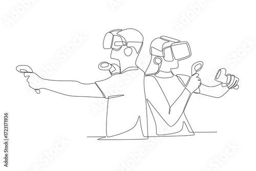 Multiplayer vr shooter concept one-line drawing