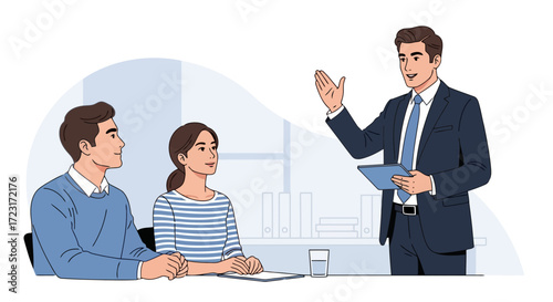 A business presentation with a speaker and two listeners vector design