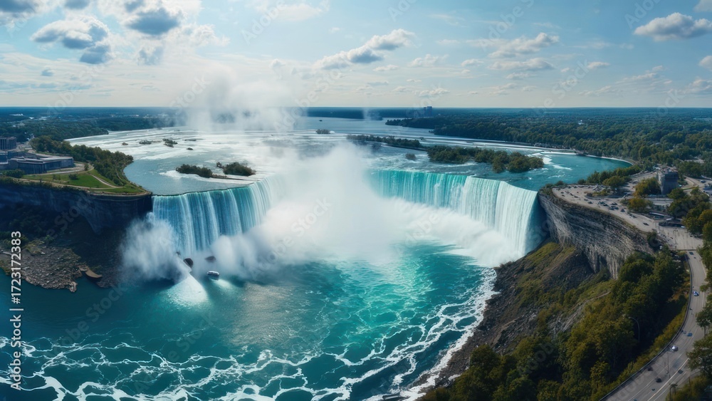 Fototapeta premium Panoramic view of powerful waterfalls cascading into a turquoise pool