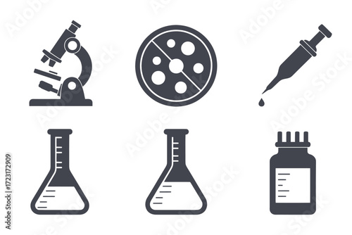 A set of six scientific laboratory icons including a microscope, petri dish, dropper, flasks, and a medicine bottle.