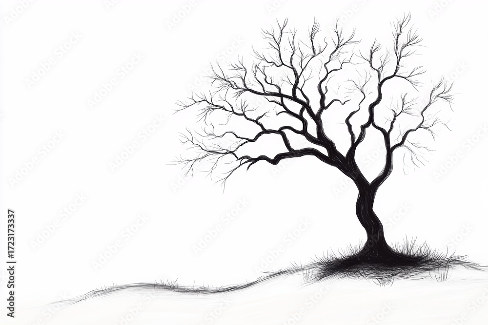 Fototapeta premium A striking silhouette of a leafless tree stands against a pure white background, evoking feelings of solitude and reflection in this minimalist artwork.