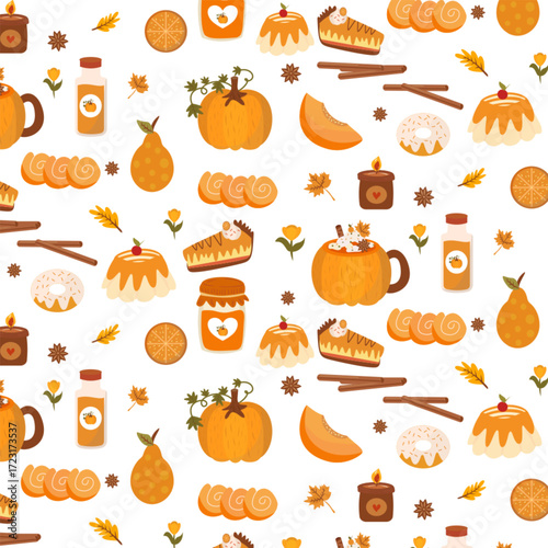 pumpkin spice seasonal products autumn food and drink seamless pattern