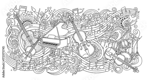 Musical instruments and whimsical notes doodle art coloring page, featuring stylized guitars, pianos, violins, drums, intertwined with flowing musical staves, dancing notes, and abstract sound waves