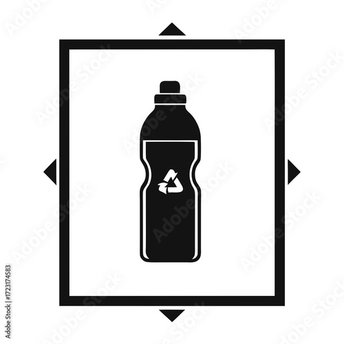 Black silhouette of a plastic bottle with recycling symbol inside a square frame