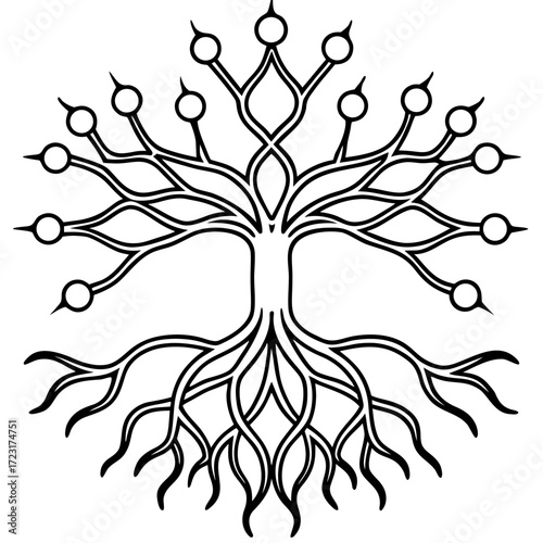 Stylized black and white tree of life with intricate roots and branches