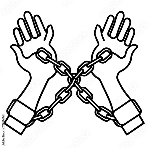 Symbolic illustration of two hands bound together by a heavy metal chain
