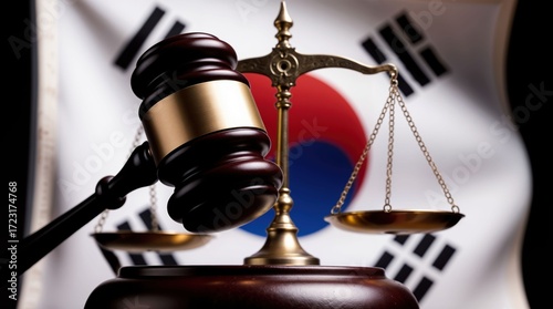 South Korea justice concept with gavel and flag background