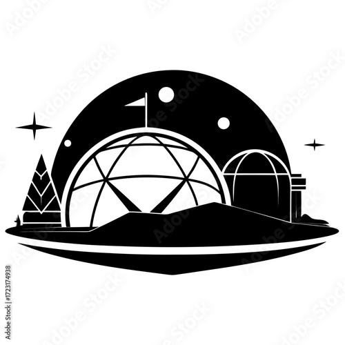 Futuristic geodesic dome settlement with a stylized tree and celestial bodies