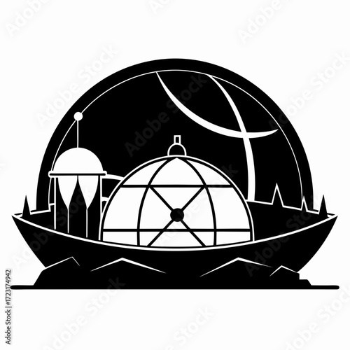 Futuristic spaceship with domes and towers sailing on water under a starry sky