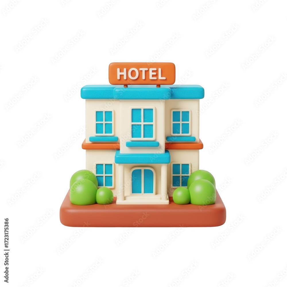 Obraz premium 3d icon of cartoon hotel building isolated on transparent background with trees around