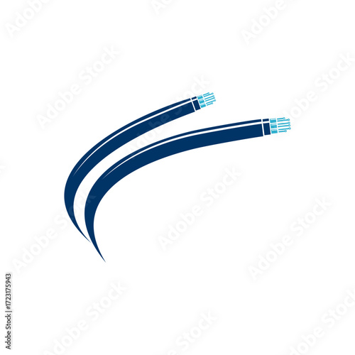Two stylized dark blue cables with light blue connectors curving upwards on a white background.