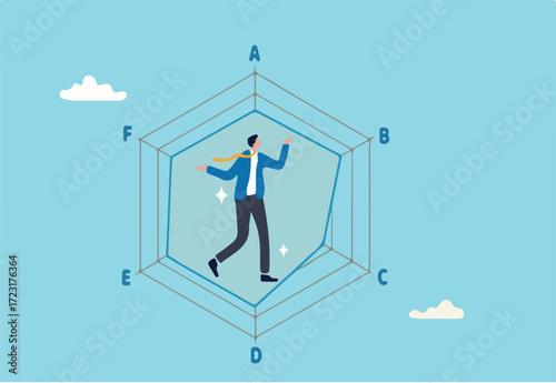 Evaluation for candidate or performance review, area to improve or appraisal score, skill or measurement to analyze staff to fit in job concept, businessman with score on spider radar chart diagram.