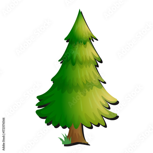 Cartoon conifer tree with lush, pointy branches.