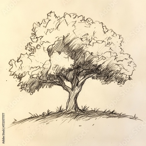 This hand-drawn sketch depicts a large leafy tree with intricate details, set against a simple grassy ground, perfect for nature lovers and art enthusiasts.