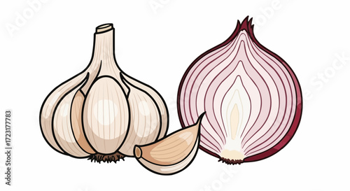 Fresh garlic bulb and sliced red onion offering cooking inspiration, perfect for healthy recipes and culinary designs from a vector graphic source