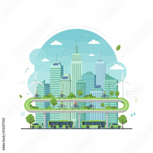 Vibrant green city illustration promoting sustainable urban living, eco-friendly transport, and renewable energy for a healthy planet