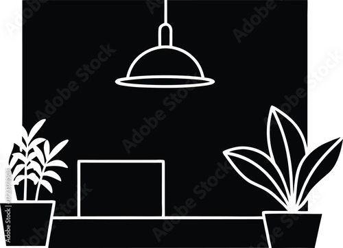 minimalist coworking lounge with plants line art