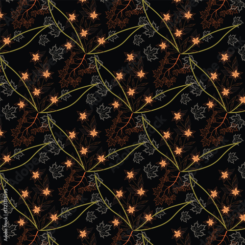 Print autumn_floral_line_art_seamless_pattern black background