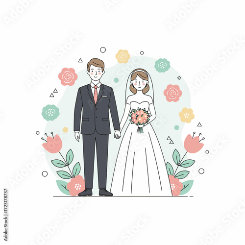 Charming wedding illustration of a bride and groom holding hands, surrounded by delicate floral decorations