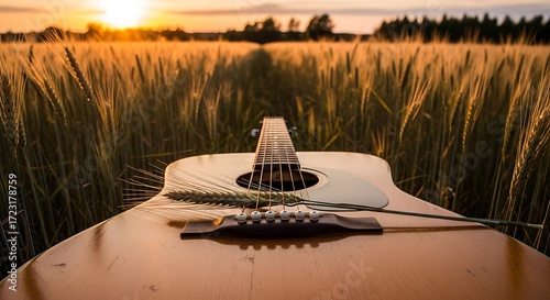 Guitar resting in a wheat field at sunset, creating a serene and musical landscape.