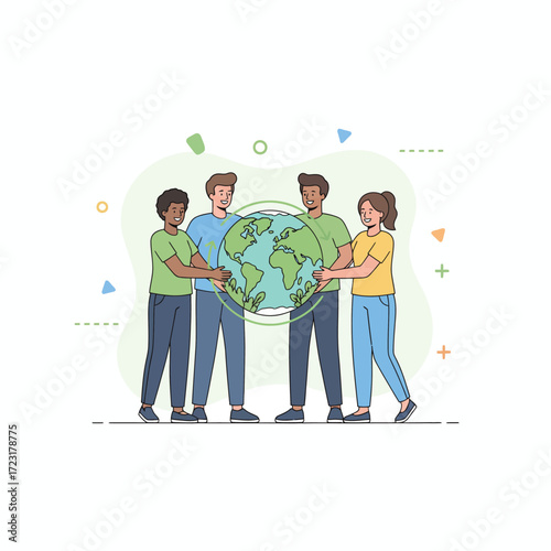 A diverse group of people holding the Earth, illustrating the concept of global unity, environmental care, and social responsibility
