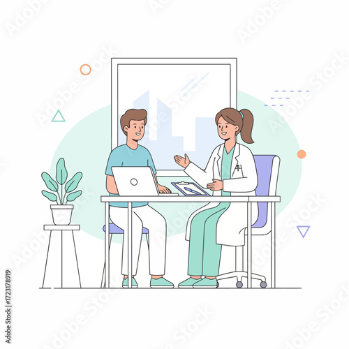 A professional female doctor consults with a male patient in a modern clinic setting, discussing health and providing medical advice during a healthcare appointment