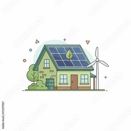 Modern green home powered by solar and wind energy, illustrating a sustainable and eco-conscious lifestyle concept