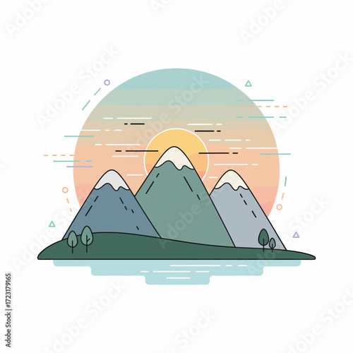 Flat design vector art of a scenic mountain landscape. Minimalist illustration concept with sun, lake, and snow-capped peaks