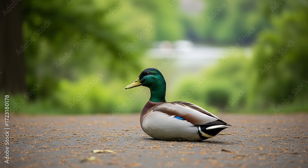 Fototapeta premium Mallard Duck Resting on a Path in a Park.