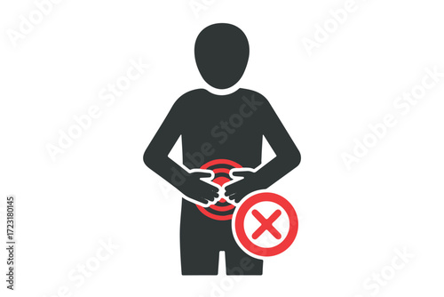 Person with stomach pain and a red cross symbol indicating a problem isolated on Transparent Background