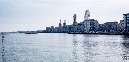 Panorama of Bari, Puglia or Apulia, southern Italy with Mediterranean Sea, Ferris wheel and fascist architecture on the seafront promenade