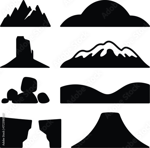 Mountain Hill and Rock Silhouette Icon Set Nature Landscape Rock and Mountain Vector Silhouettes